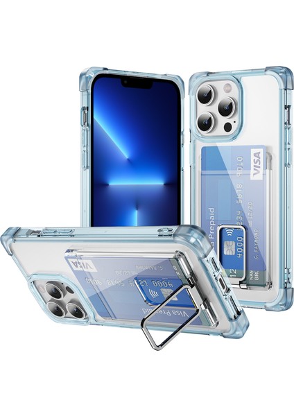Iphone 13 Pro Kickstand Case Card Yuvası (Büyük Arka Lens Deliği) Için Ysm Takviyeli Köşeler Serisi -Transparent Mavi (Yurt Dışından)