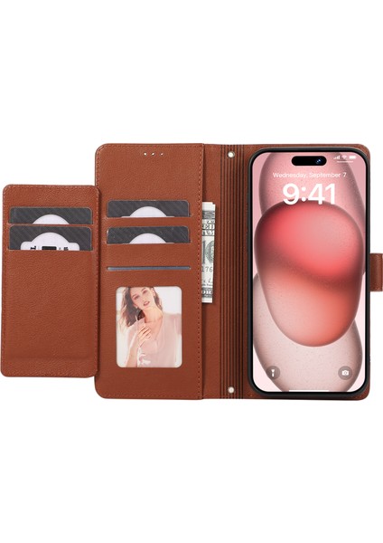 Iphone 12/12 Pro 6.1 Inç Kasa Pu Deri Cüzdan Telefon Kapağı 2 Kayış-Kahverengi (Yurt Dışından)
