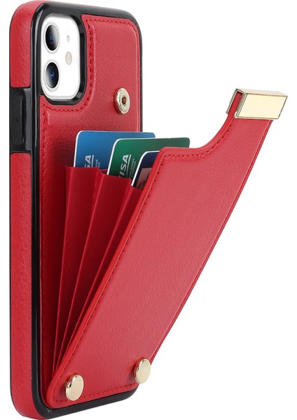 Iphone 11 Için Tpu+Pu Deri Metal Dekor Şok Geçirmez Cep Telefon Kılıfı Kart Tutucu Kırmızısı (Yurt Dışından)