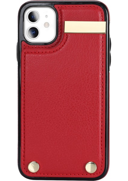 Iphone 11 Için Tpu+Pu Deri Metal Dekor Şok Geçirmez Cep Telefon Kılıfı Kart Tutucu Kırmızısı (Yurt Dışından)
