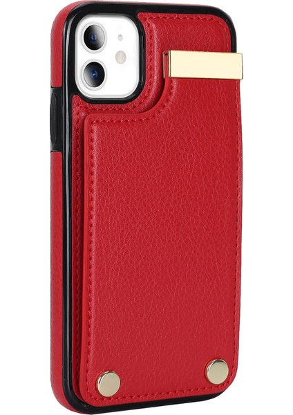 Iphone 11 Için Tpu+Pu Deri Metal Dekor Şok Geçirmez Cep Telefon Kılıfı Kart Tutucu Kırmızısı (Yurt Dışından)