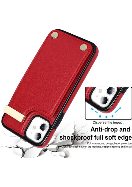 Iphone 11 Için Tpu+Pu Deri Metal Dekor Şok Geçirmez Cep Telefon Kılıfı Kart Tutucu Kırmızısı (Yurt Dışından)