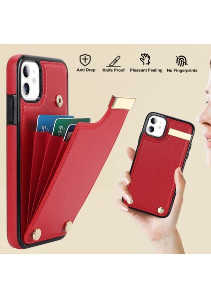 Iphone 11 Için Tpu+Pu Deri Metal Dekor Şok Geçirmez Cep Telefon Kılıfı Kart Tutucu Kırmızısı (Yurt Dışından)