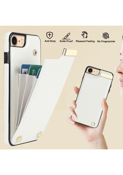 Iphone Se (2022)/SE (2020)/IPHONE 7/8 4.7 Inç Cep Telefonu Kasası Tpu+Deri Metal Dekor Kartı Tutucu Kapak-Beyaz (Yurt Dışından)