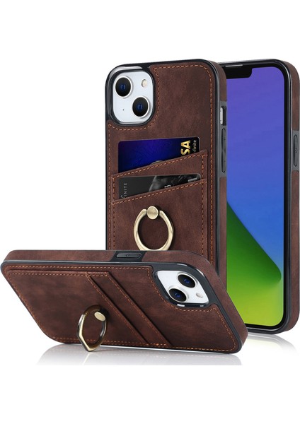 Kart Yuvaları Iphone 15 Retro Pu Deri Kaplamalı Tpu Kılıfı ile Telefon Kapağı Yüzük Kickstand-Brown (Yurt Dışından)