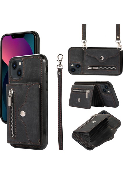 Iphone 13 Mini 5.4 Inç Kasa Zipper Cep Pu Deri+Tpu Rfıd Blowıng Kart Yuvaları 2 Kayış-Siyah ile Örtü (Yurt Dışından)