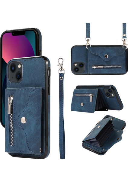 Iphone 13 Mini 5.4 Inç Kasa Zipper Cep Pu Deri+Tpu Rfıd Blowantıon Kart Yuvaları 2 Kayış Mavisi ile Örtü (Yurt Dışından)