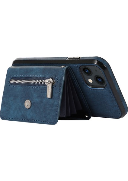 Iphone 13 Mini 5.4 Inç Kasa Zipper Cep Pu Deri+Tpu Rfıd Blowantıon Kart Yuvaları 2 Kayış Mavisi ile Örtü (Yurt Dışından)