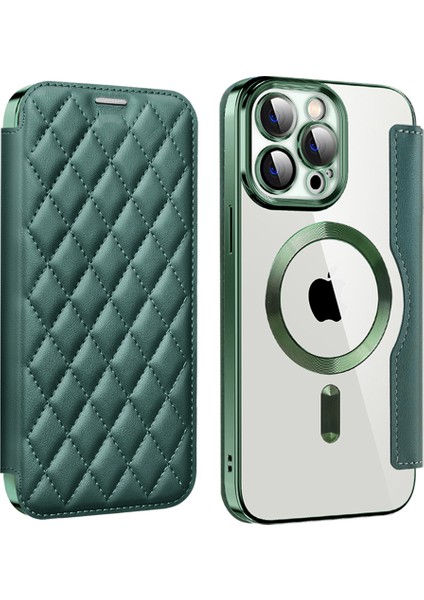 Iphone 11 Pro Max Rfıd Için Lens Filmli Rhombus Deri Kart Tutucu ile Anti-Güz Kapağı Magsafe-Blackish Green ile Uyumlu (Yurt Dışından)