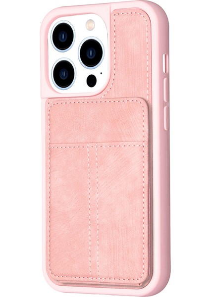 Iphone 15 Pro Matte Pu Deri Kaplamalı Tpu Telefon Kapağı Kart Tutucu-Pembe (Yurt Dışından)