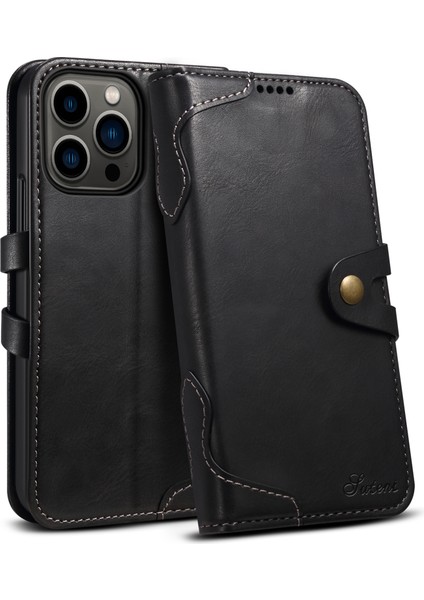 Iphone 15 Pro Deri Kılıf Dalgalı Doku Kapağı Stand Cüzdan-Black Için (Yurt Dışından)