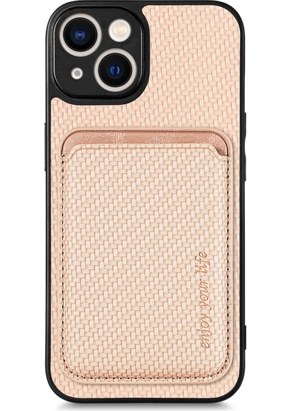 Iphone 15 Deri+Pc+Tpu Kapağı Için Karbon Fiber Telefon Kasası Çıkarılabilir Manyetik Kart Tutucu-Khaki (Yurt Dışından)