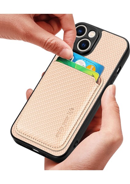Iphone 15 Deri+Pc+Tpu Kapağı Için Karbon Fiber Telefon Kasası Çıkarılabilir Manyetik Kart Tutucu-Khaki (Yurt Dışından)