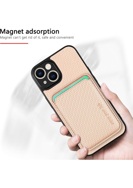 Iphone 15 Deri+Pc+Tpu Kapağı Için Karbon Fiber Telefon Kasası Çıkarılabilir Manyetik Kart Tutucu-Khaki (Yurt Dışından)