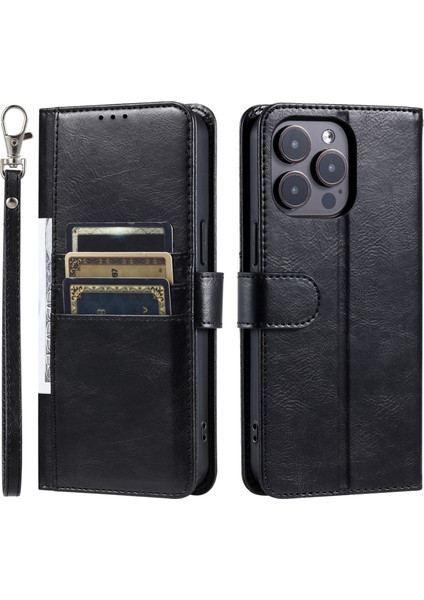 Iphone 14 Pro Case Cüzdan Stand Deri Telefon Koruyucu Kapak Bir Kayış-Siyah (Yurt Dışından)