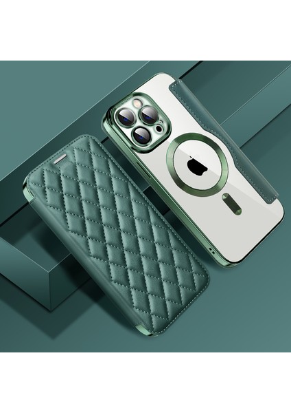 Iphone 11 Pro Max Rfıd Için Lens Filmli Rhombus Deri Kart Tutucu ile Anti-Güz Kapağı Magsafe-Blackish Green ile Uyumlu (Yurt Dışından)