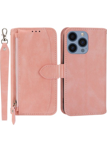 Iphone 15 Pro Deri Kapak Için Uzun ve Kısa Kayış Pembe ile Zipper Cep Telefonu Cüzdan Kılıfı (Yurt Dışından)