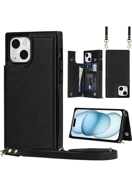 Iphone 15 Plus Manyetik Buttons Için Kickstand Telefon Kasası Rfıd Engelleme Kart Tutucu Kapak Uzun Kayış-Siyah (Yurt Dışından)