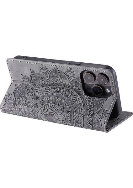Iphone 14 Pro Case Için Baskılı Mandala Çiçek Deri Kapak Cüzdan-Grey (Yurt Dışından)