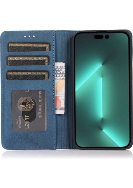 Iphone 15 Pro Pu Deri Şok Geçirmez Telefon Kasası Manyetik Flip Stant Cüzdan Kapak-Mavisi (Yurt Dışından)
