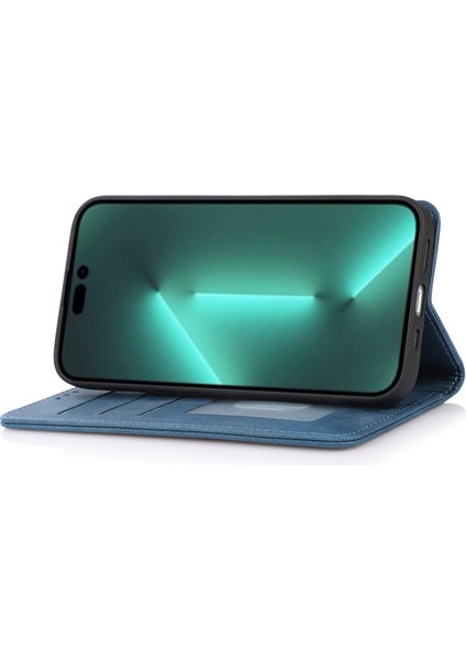 Iphone 15 Pro Pu Deri Şok Geçirmez Telefon Kasası Manyetik Flip Stant Cüzdan Kapak-Mavisi (Yurt Dışından)