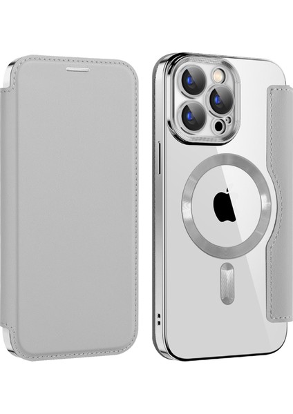 Iphone 15 Pro Max Card Tutucu Için Telefon Kılıfı Rfıd Engelleme Elektrapılaşma Deri Kapağı Magsafe-Silver ile Uyumlu (Yurt Dışından)