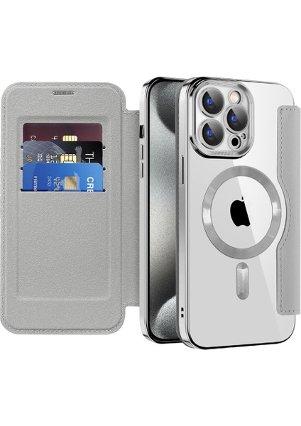 Iphone 15 Pro Max Card Tutucu Için Telefon Kılıfı Rfıd Engelleme Elektrapılaşma Deri Kapağı Magsafe-Silver ile Uyumlu (Yurt Dışından)