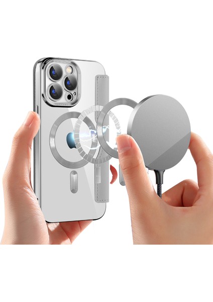 Iphone 15 Pro Max Card Tutucu Için Telefon Kılıfı Rfıd Engelleme Elektrapılaşma Deri Kapağı Magsafe-Silver ile Uyumlu (Yurt Dışından)