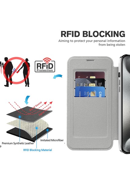 Iphone 15 Pro Max Card Tutucu Için Telefon Kılıfı Rfıd Engelleme Elektrapılaşma Deri Kapağı Magsafe-Silver ile Uyumlu (Yurt Dışından)