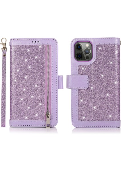 Iphone 13 Pro Cep Telefonu Kılıfı Strap Glitter Powder 9 Kart Tutucu Deri Deri Kapak Morası (Yurt Dışından)