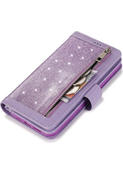 Iphone 13 Pro Cep Telefonu Kılıfı Strap Glitter Powder 9 Kart Tutucu Deri Deri Kapak Morası (Yurt Dışından)