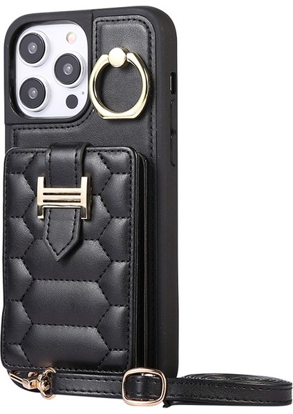 iPhone 15 Plus Için Cep Telefonu Kabuğu Plus Ring Tutucu Kickstand Pu Deri+Tpu Kart Tutucu Black ile Telefon Kılıfı (Yurt Dışından)