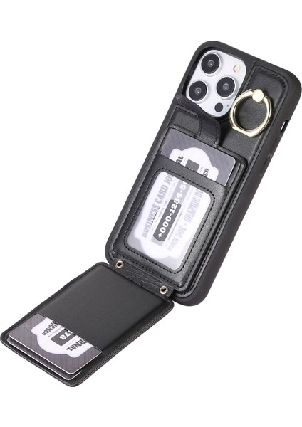 iPhone 15 Plus Için Cep Telefonu Kabuğu Plus Ring Tutucu Kickstand Pu Deri+Tpu Kart Tutucu Black ile Telefon Kılıfı (Yurt Dışından)
