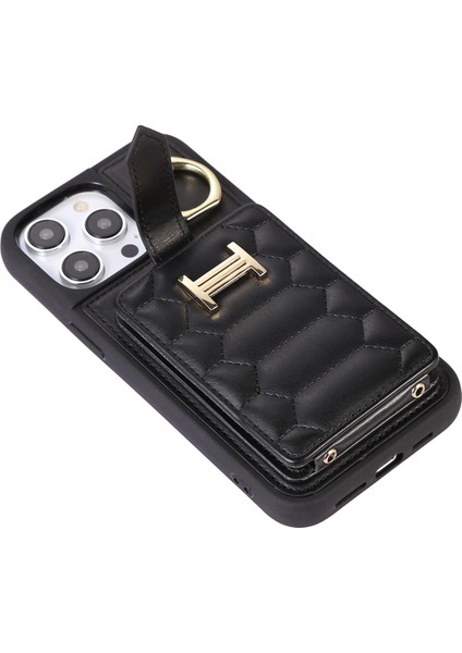 iPhone 15 Plus Için Cep Telefonu Kabuğu Plus Ring Tutucu Kickstand Pu Deri+Tpu Kart Tutucu Black ile Telefon Kılıfı (Yurt Dışından)