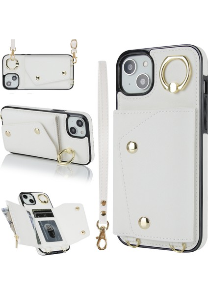 Iphone 15 Fermuar Cüzdanı Için Telefon Kılıfı Pu Deri+Tpu Yüzük Kickstand Sırt Kapak 2 Kayış-Beyaz (Yurt Dışından)