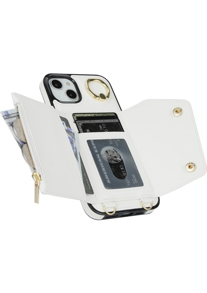 Iphone 15 Fermuar Cüzdanı Için Telefon Kılıfı Pu Deri+Tpu Yüzük Kickstand Sırt Kapak 2 Kayış-Beyaz (Yurt Dışından)