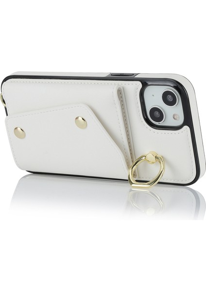 Iphone 15 Fermuar Cüzdanı Için Telefon Kılıfı Pu Deri+Tpu Yüzük Kickstand Sırt Kapak 2 Kayış-Beyaz (Yurt Dışından)
