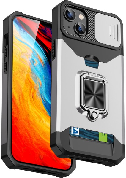 Iphone 15 Plus Cep Telefonu Kılıfı Pc+Tpu Slayt Lens Koruma Kart Tutucu Silver ile Şok Geçirmez Kapak (Yurt Dışından)