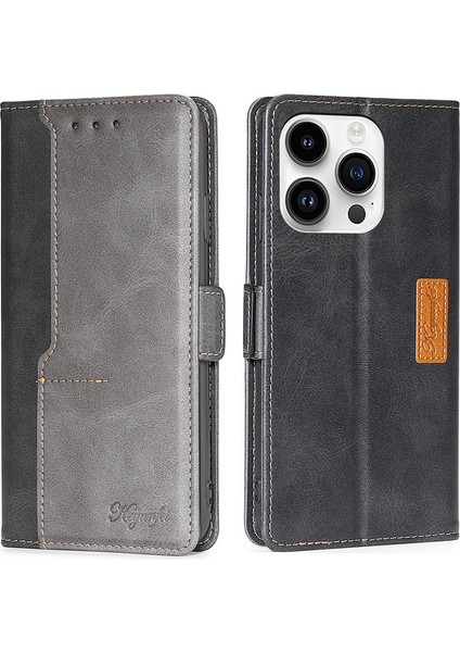 Iphone 15 Pro Max Çift Renkli Pu Deri Telefon Kılıfı Stand Manyetik Kapatma Cüzdan Kapağı Black+Gri (Yurt Dışından)