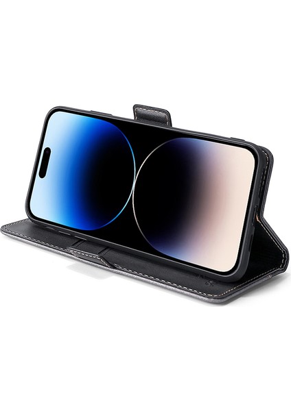 Iphone 15 Pro Max Çift Renkli Pu Deri Telefon Kılıfı Stand Manyetik Kapatma Cüzdan Kapağı Black+Gri (Yurt Dışından) modelleri