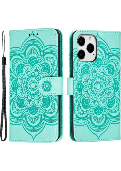 Iphone 15 Pro Mandala Için Çiçek Kılıfı Pu Deri Stand Cüzdan Telefon Kapak Yeşil (Yurt Dışından)