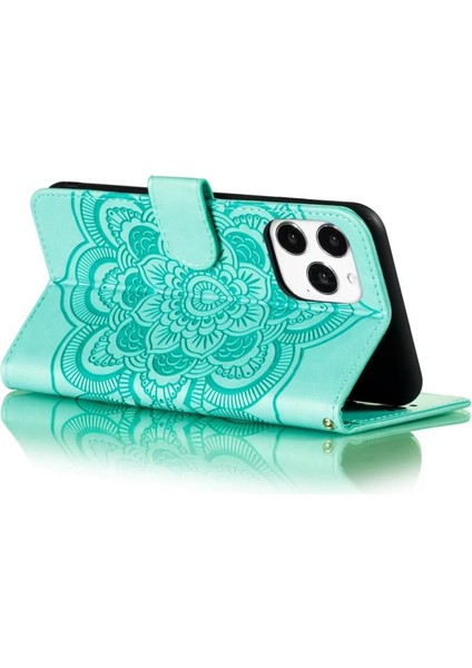 Iphone 15 Pro Mandala Için Çiçek Kılıfı Pu Deri Stand Cüzdan Telefon Kapak Yeşil (Yurt Dışından)