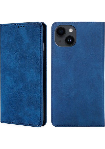 Iphone 15 Plus Deri Kart Tutucu Için Stand Kapağı Manyetik Kapanış Cilt Touch Telefon Kılıf Mavisi (Yurt Dışından)