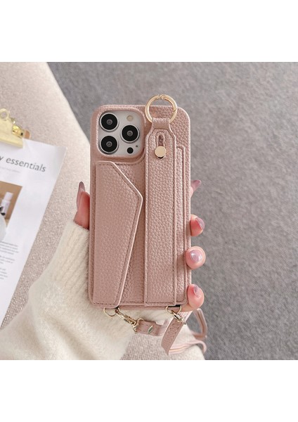 Iphone 15 Pro Pu Deri+Pc Kart Tutucu Için Telefon Kılıfı Kılıf Telefon Kapağı Omuz Askılı-Pembe (Yurt Dışından)