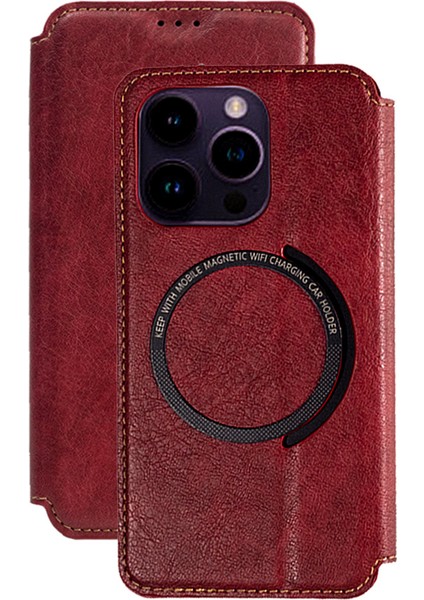 Iphone 15 Pro-Drop Anti-Drop Cüzdan Telefon Kılıfı Pu+Tpu Mat Stand Telefon Kapağı Magsafe-Wine Red ile Uyumlu (Yurt Dışından)
