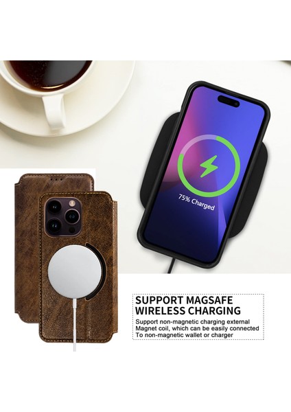 Iphone 15 Pro-Drop Anti-Drop Cüzdan Telefon Kılıfı Pu+Tpu Mat Stand Telefon Kapağı Magsafe-Wine Red ile Uyumlu (Yurt Dışından) modelleri