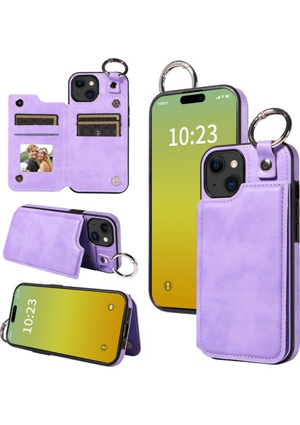 iPhone 15 Plus/14 Plus Plus Kılıf Önleme Önleyici Kart Yuvası Telefon Kılıfı Kickstand Pu+Tpu Kapak-Işık Mor (Yurt Dışından)