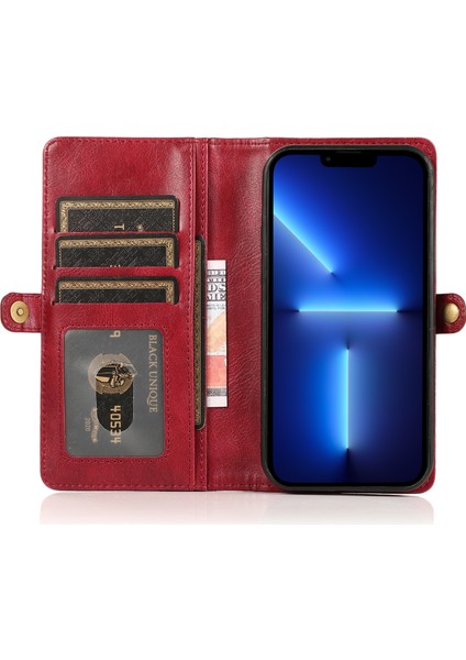 Iphone 13 Pro 6.1 Inç Çıkarılabilir 2-1 Arada Tpu+Pu Deri Flip Kapak Cüzdanı Telefon Kasa-Kırmızı (Yurt Dışından)