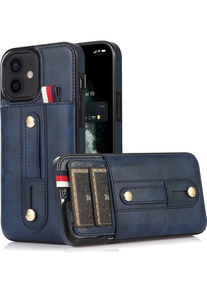 Iphone 12 Mini 5.4 Inçlik Kasa Gizli Kart Tutucu Şok Geçirmez Pu Deri Kaplamalı Tpu Telefon Kapak Mavisi (Yurt Dışından)