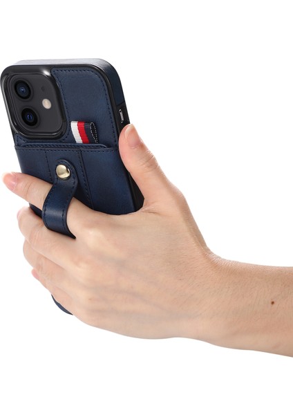 Iphone 12 Mini 5.4 Inçlik Kasa Gizli Kart Tutucu Şok Geçirmez Pu Deri Kaplamalı Tpu Telefon Kapak Mavisi (Yurt Dışından)
